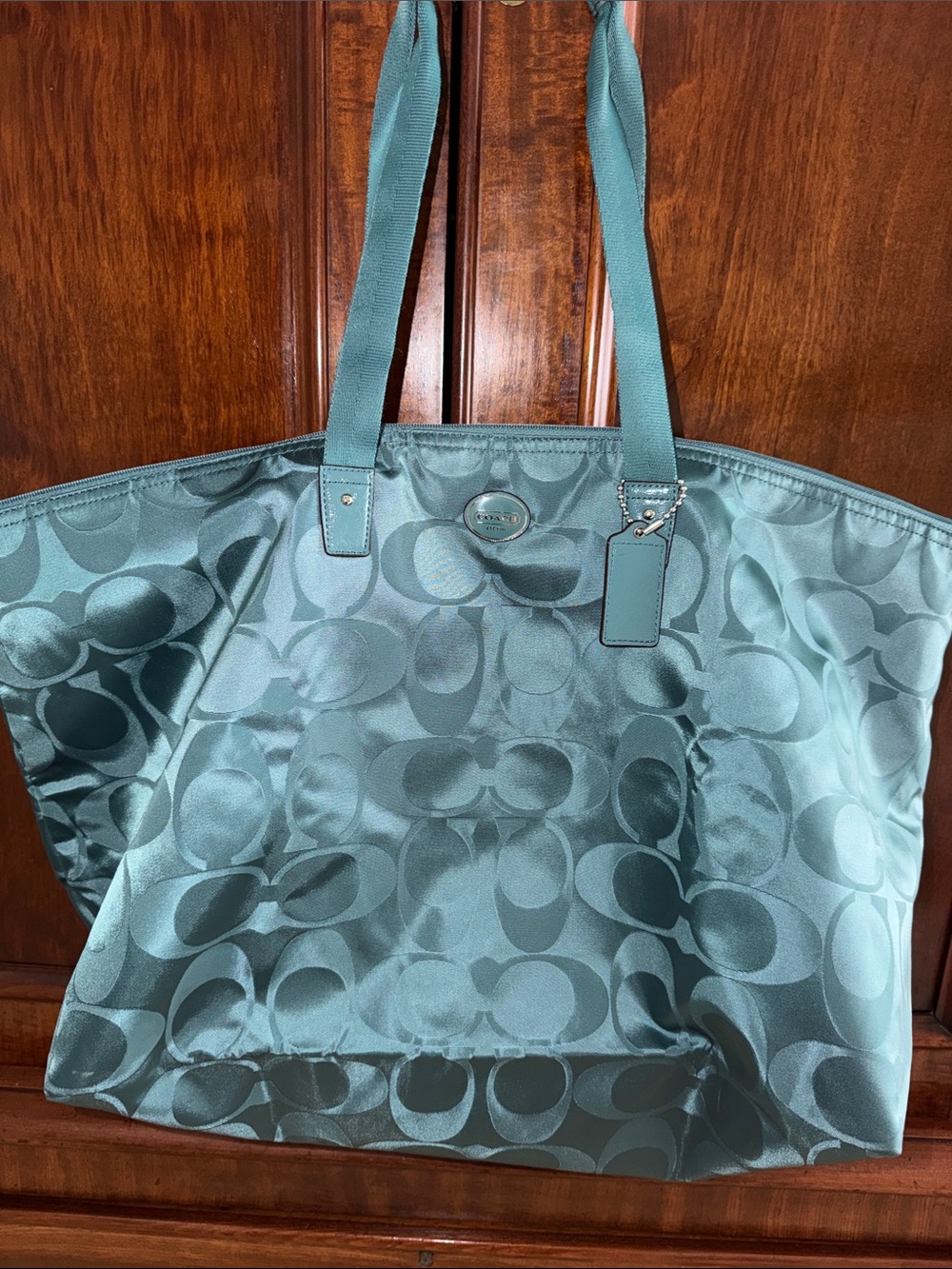 Coach Teal Satin Signature Travel Tote with Carry Pouch